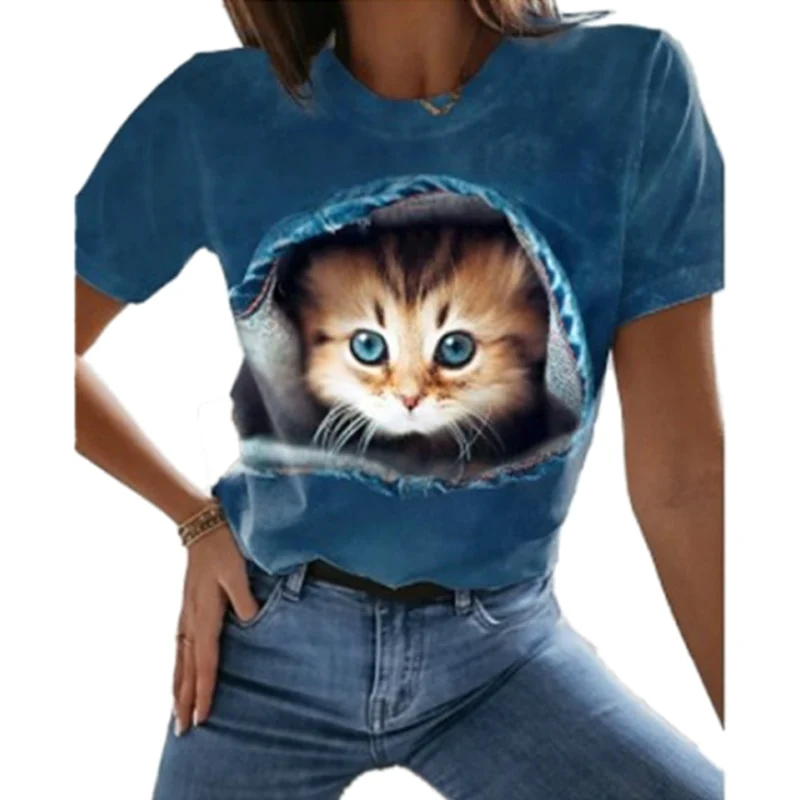 Damen Sommer Top 3D Katzen T-Shirt Rundhals Streetwear lockeres Damentop