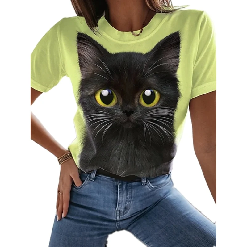 Damen Sommer Top 3D Katzen T-Shirt Rundhals Streetwear lockeres Damentop