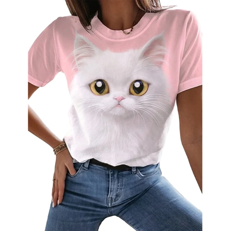 Damen Sommer Top 3D Katzen T-Shirt Rundhals Streetwear lockeres Damentop
