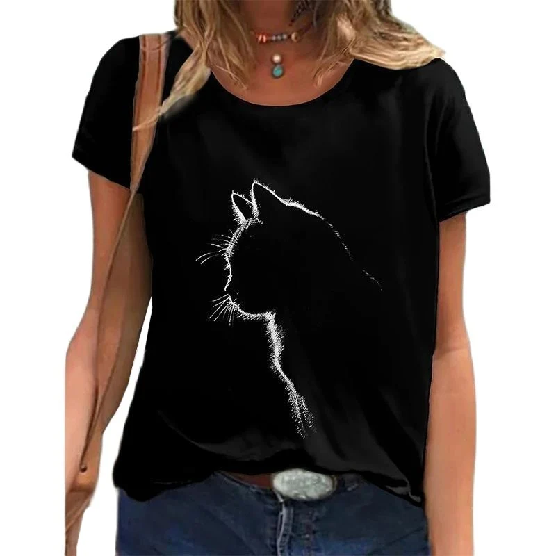 Damen Sommer Top 3D Katzen T-Shirt Rundhals Streetwear lockeres Damentop