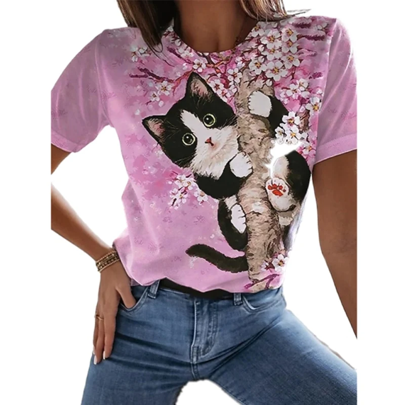 Damen Sommer Top 3D Katzen T-Shirt Rundhals Streetwear lockeres Damentop