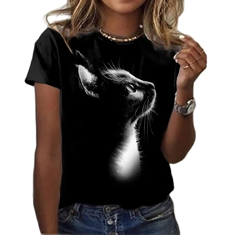 Damen Sommer Top 3D Katzen T-Shirt Rundhals Streetwear lockeres Damentop