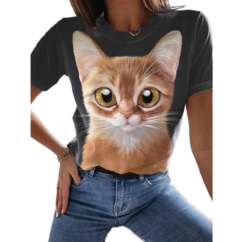 Damen Sommer Top 3D Katzen T-Shirt Rundhals Streetwear lockeres Damentop