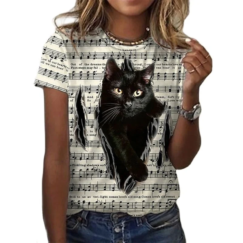 Damen Sommer Top 3D Katzen T-Shirt Rundhals Streetwear lockeres Damentop