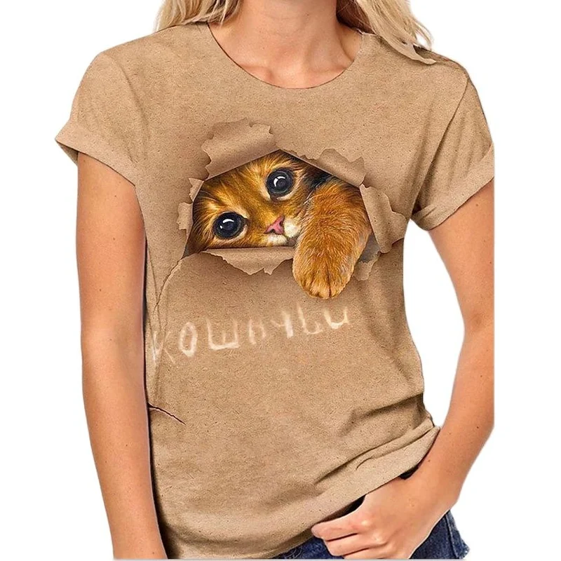Damen Sommer Top 3D Katzen T-Shirt Rundhals Streetwear lockeres Damentop