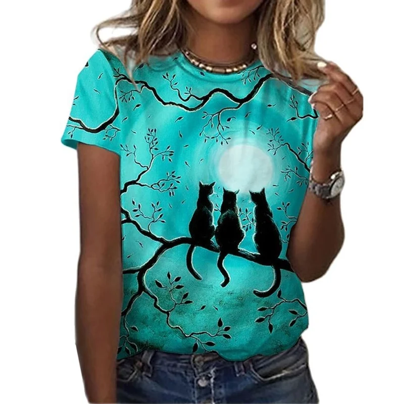 Damen Sommer Top 3D Katzen T-Shirt Rundhals Streetwear lockeres Damentop