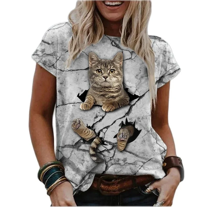 Damen Sommer Top 3D Katzen T-Shirt Rundhals Streetwear lockeres Damentop
