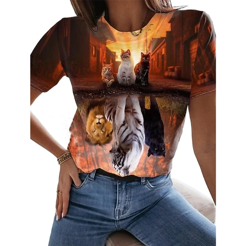 Damen Sommer Top 3D Katzen T-Shirt Rundhals Streetwear lockeres Damentop
