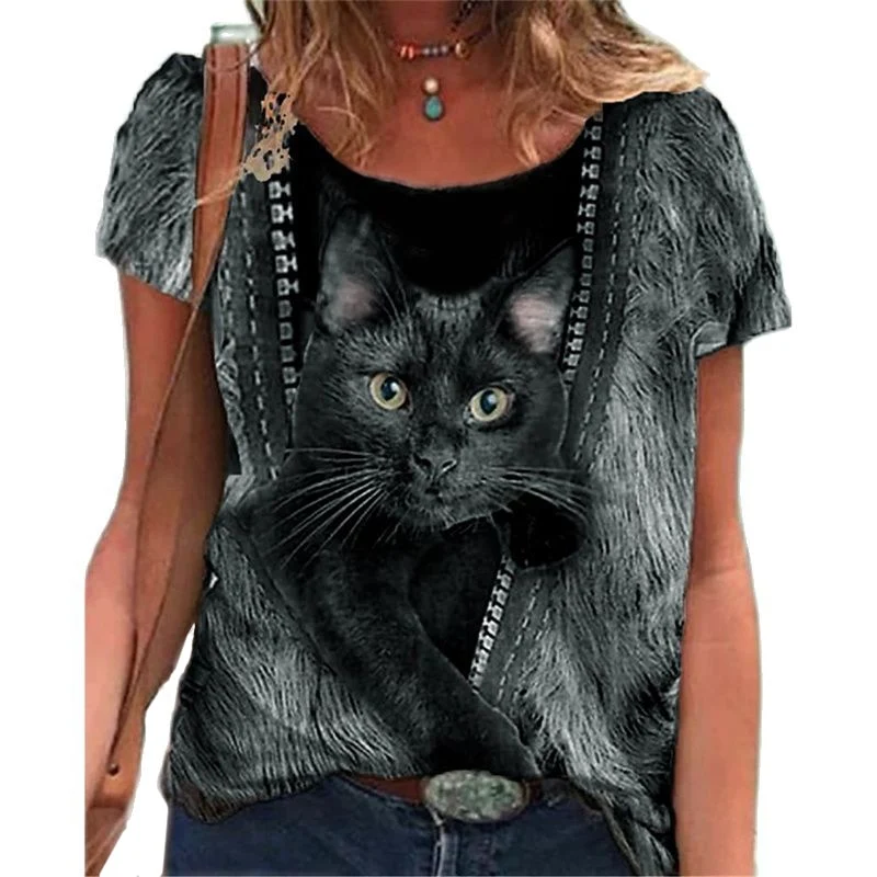 Damen Sommer Top 3D Katzen T-Shirt Rundhals Streetwear lockeres Damentop