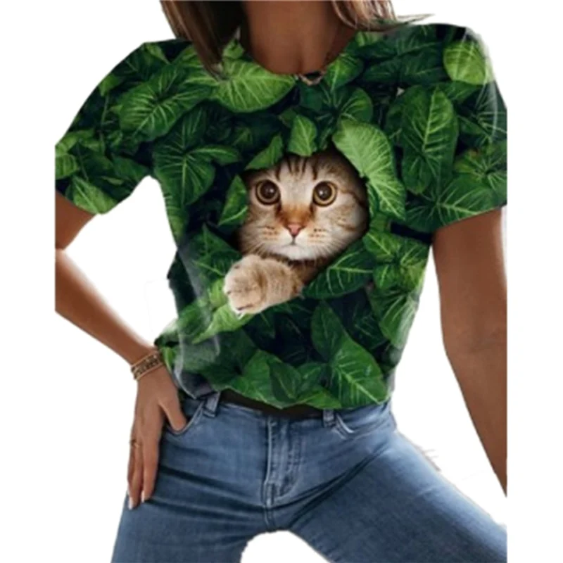 Damen Sommer Top 3D Katzen T-Shirt Rundhals Streetwear lockeres Damentop