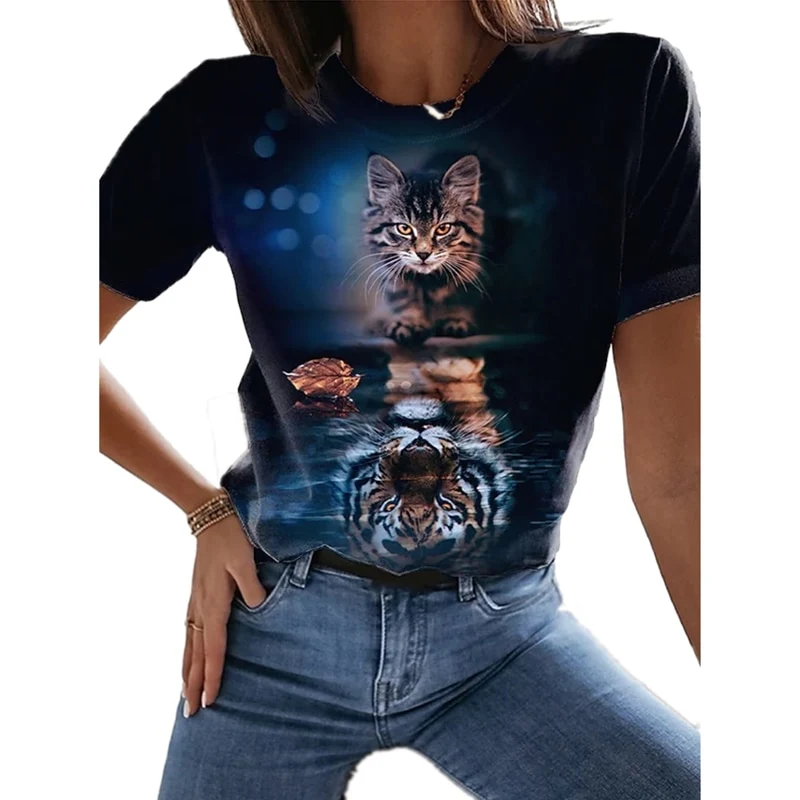 Damen Sommer Top 3D Katzen T-Shirt Rundhals Streetwear lockeres Damentop