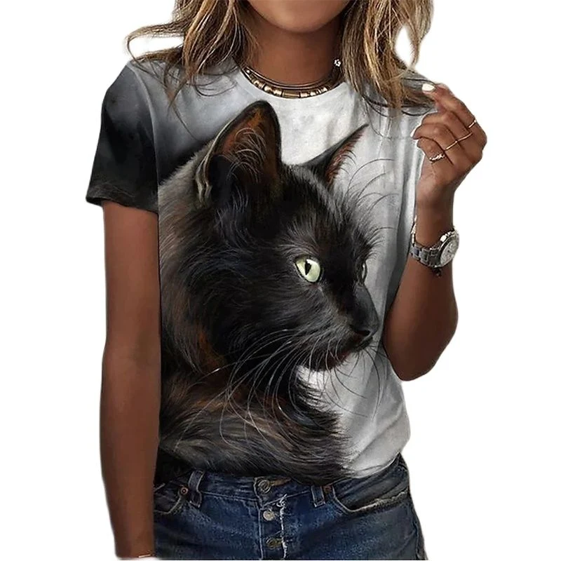 Damen Sommer Top 3D Katzen T-Shirt Rundhals Streetwear lockeres Damentop