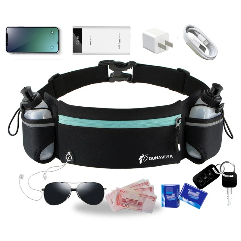 Laufen Gürtel mit 2 Wasserflaschen Taille Pack Reißverschlusstasche Tasche Joggen