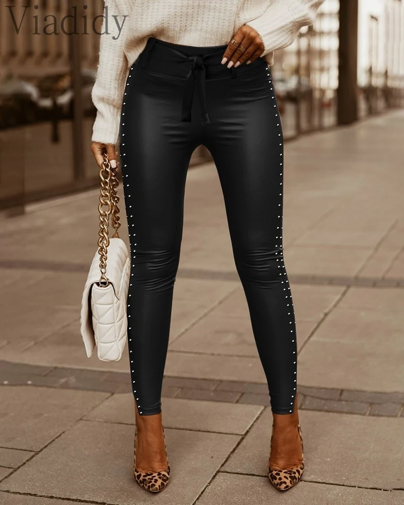 Damen Nieten Leggings Leggins Sexy Lang Dünne PU Hosen Leder Optik Nachtclub
