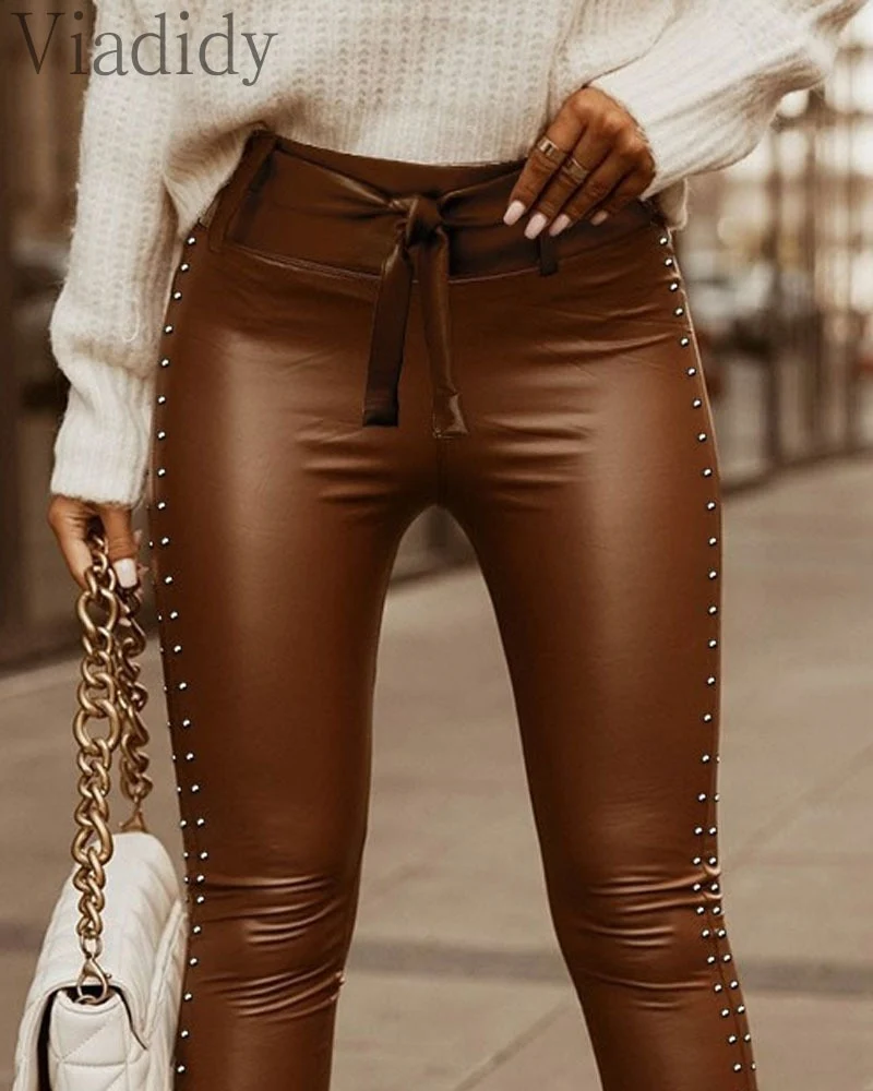Damen Nieten Leggings Leggins Sexy Lang Dünne PU Hosen Leder Optik Nachtclub