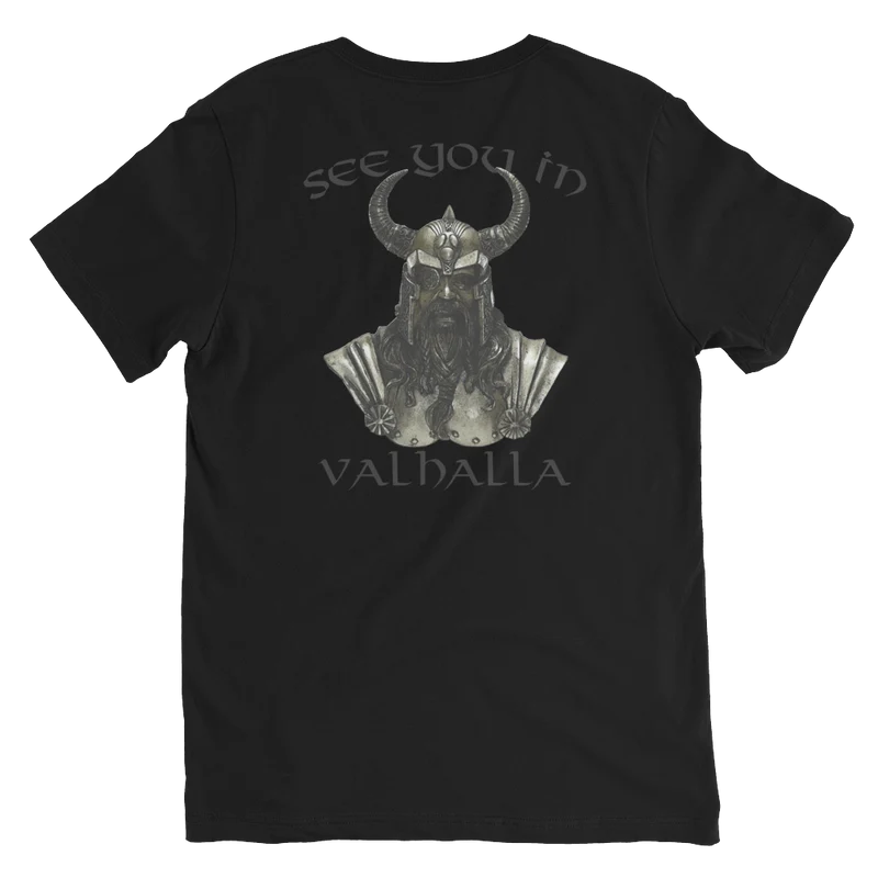 Kurzärmeliges Unisex-T-Shirt mit V-Ausschnitt See you in Valhalla
