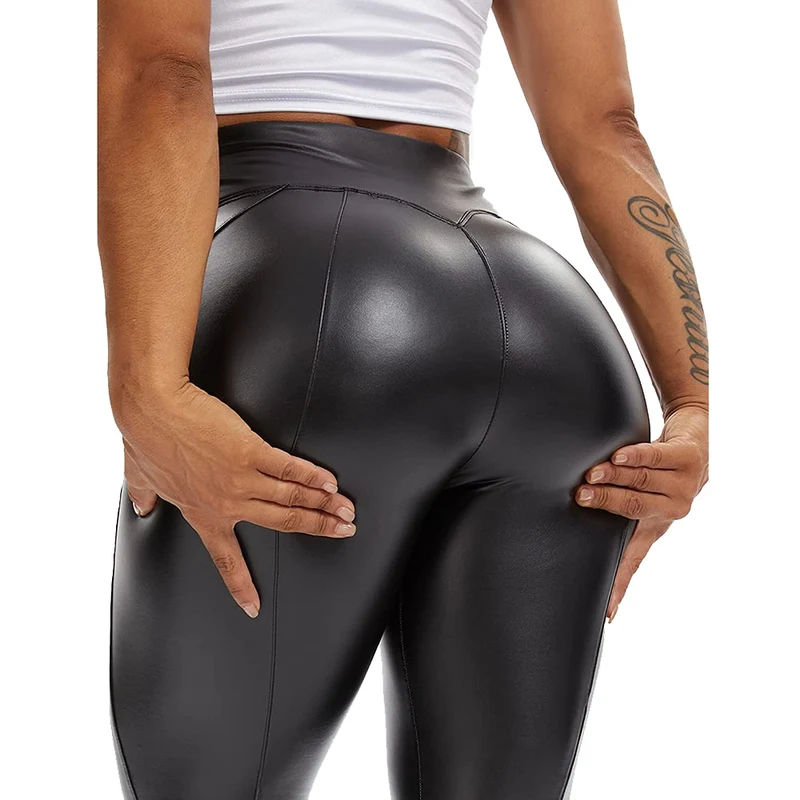 Damen Leggings Push-Up Lang Hose Leder Optik Nachtclub Sexy PU Hohe Elastizität