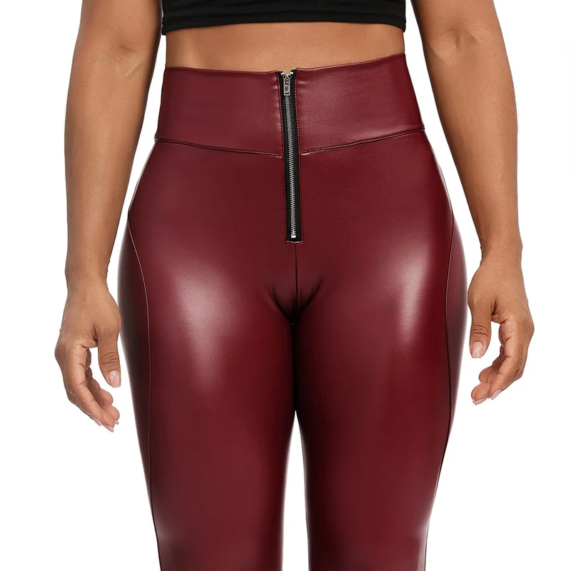 Damen Leggings Push-Up Lang Hose Leder Optik Nachtclub Sexy PU Hohe Elastizität