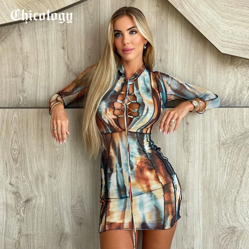 Frauen Langarm Kleid elegantes figurbetontes Tie Dye Sexy Abend Minikleid