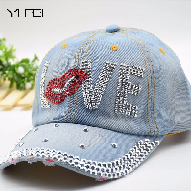 Jeans Basecap Cappy Denim Look Cap Kappe LOVE Strass gebogen Damen