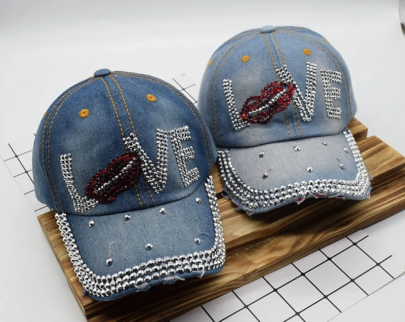 Jeans Basecap Cappy Denim Look Cap Kappe LOVE Strass gebogen Damen