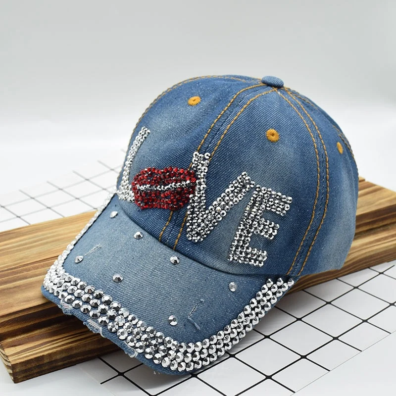 Jeans Basecap Cappy Denim Look Cap Kappe LOVE Strass gebogen Damen