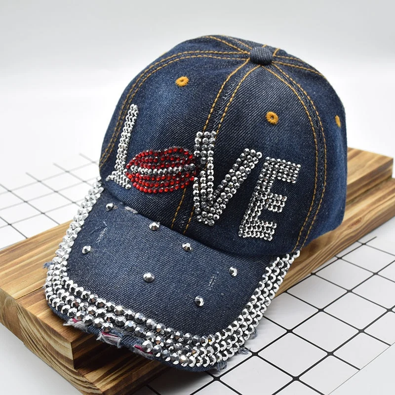 Jeans Basecap Cappy Denim Look Cap Kappe LOVE Strass gebogen Damen
