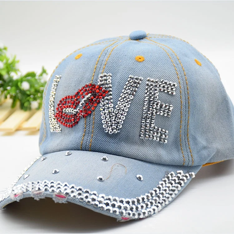 Jeans Basecap Cappy Denim Look Cap Kappe LOVE Strass gebogen Damen
