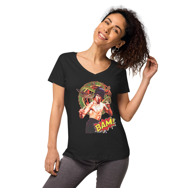 Eng anliegendes Damen-T-Shirt mit V-Ausschnitt Bruce Lee