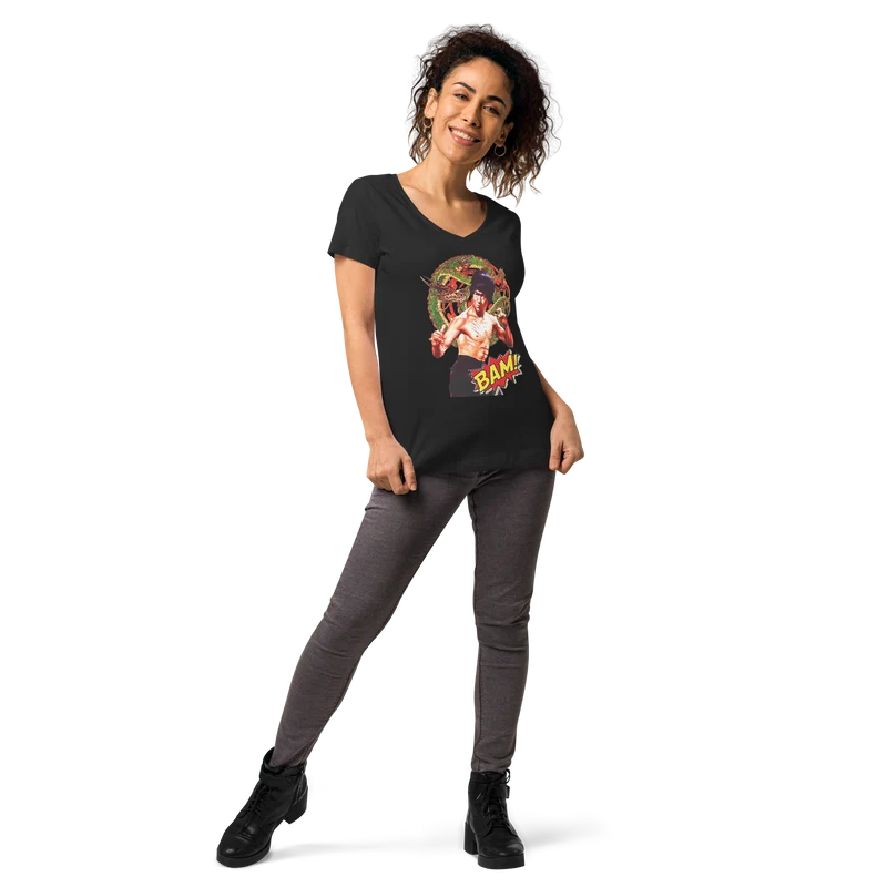 Eng anliegendes Damen-T-Shirt mit V-Ausschnitt Bruce Lee