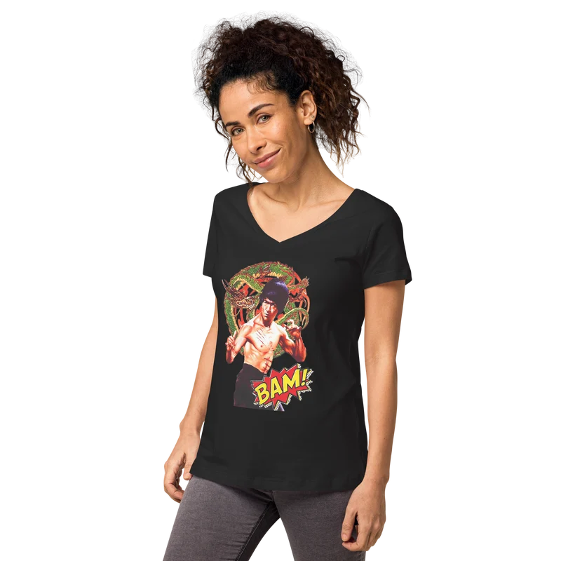 Eng anliegendes Damen-T-Shirt mit V-Ausschnitt Bruce Lee