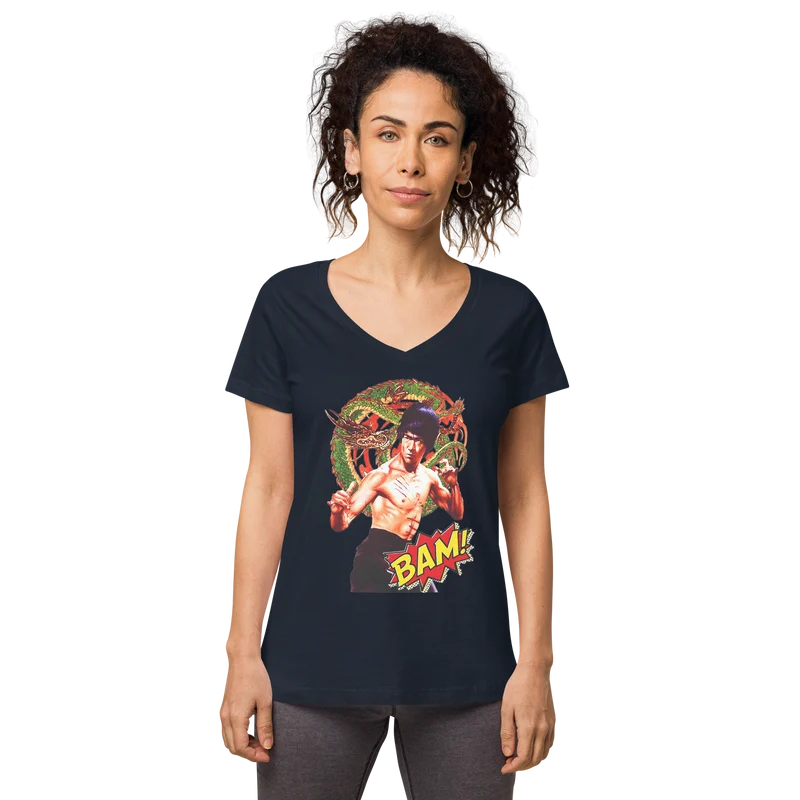Eng anliegendes Damen-T-Shirt mit V-Ausschnitt Bruce Lee