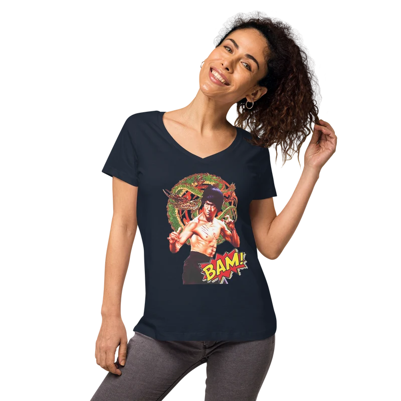 Eng anliegendes Damen-T-Shirt mit V-Ausschnitt Bruce Lee