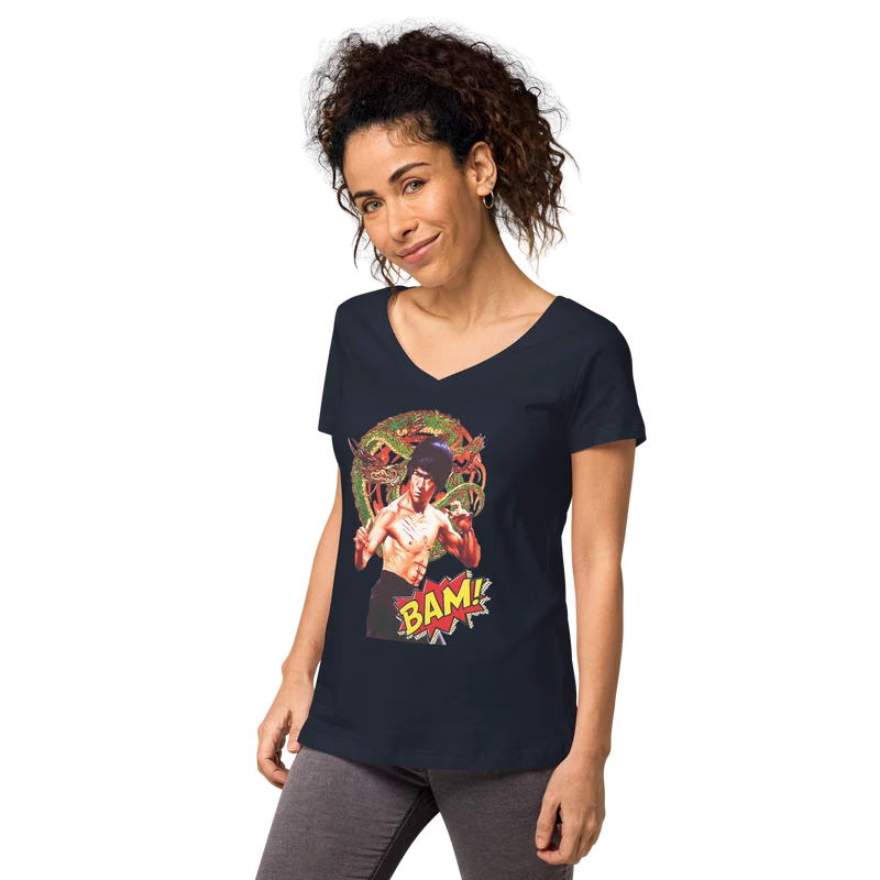 Eng anliegendes Damen-T-Shirt mit V-Ausschnitt Bruce Lee