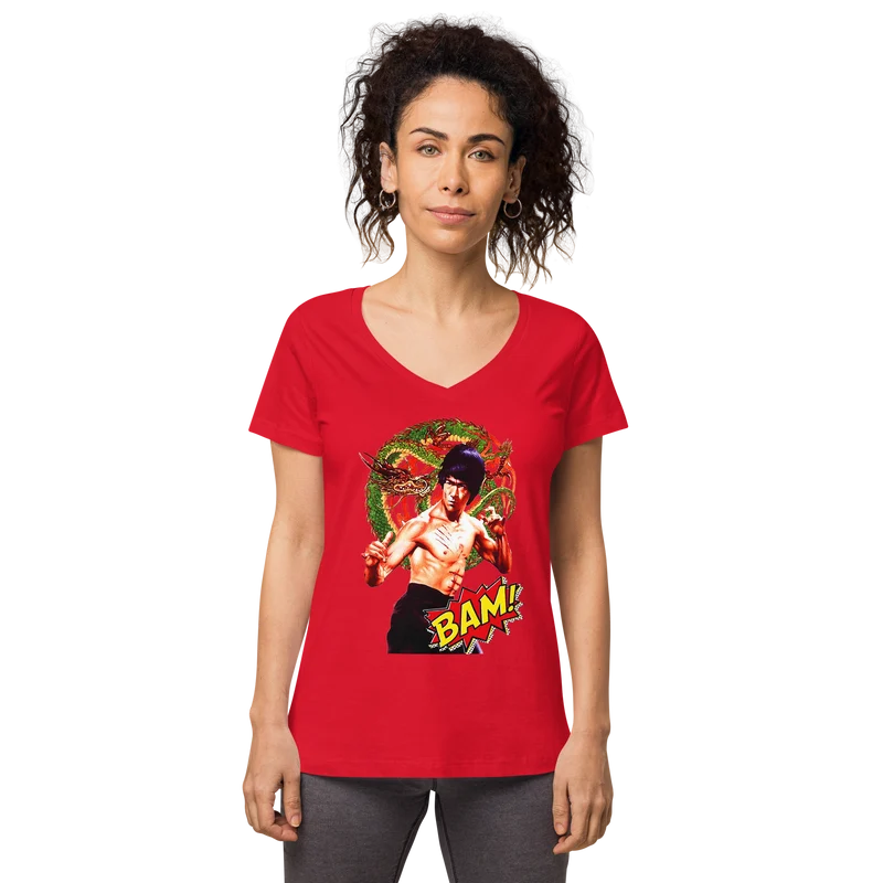 Eng anliegendes Damen-T-Shirt mit V-Ausschnitt Bruce Lee