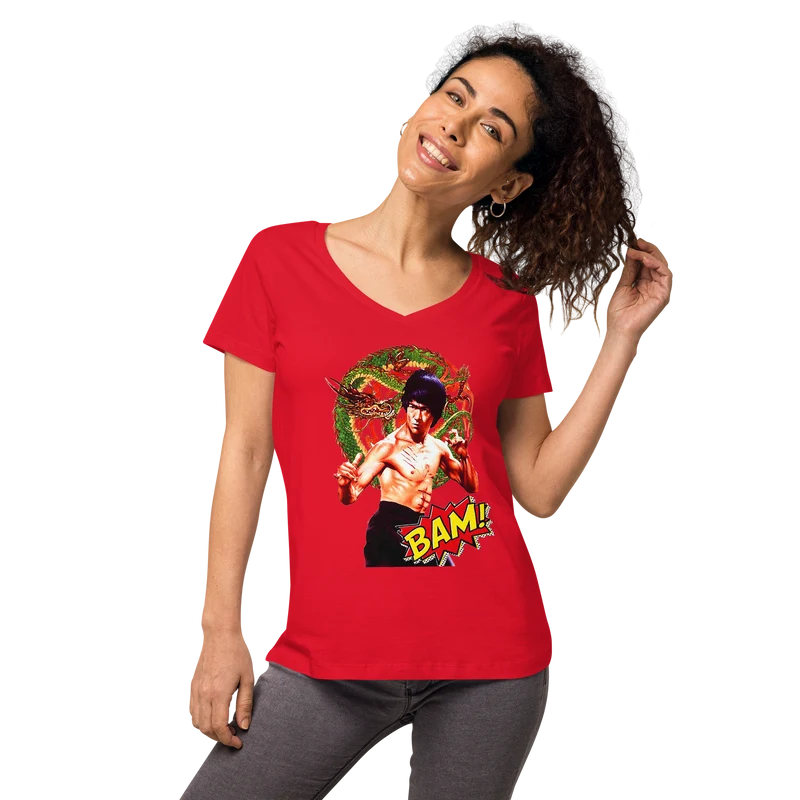 Eng anliegendes Damen-T-Shirt mit V-Ausschnitt Bruce Lee