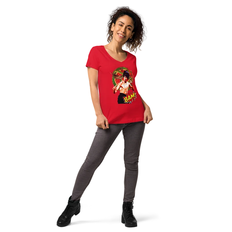 Eng anliegendes Damen-T-Shirt mit V-Ausschnitt Bruce Lee
