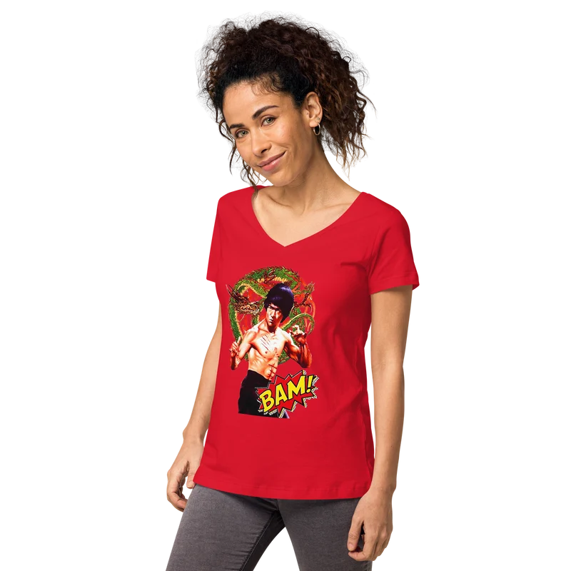 Eng anliegendes Damen-T-Shirt mit V-Ausschnitt Bruce Lee