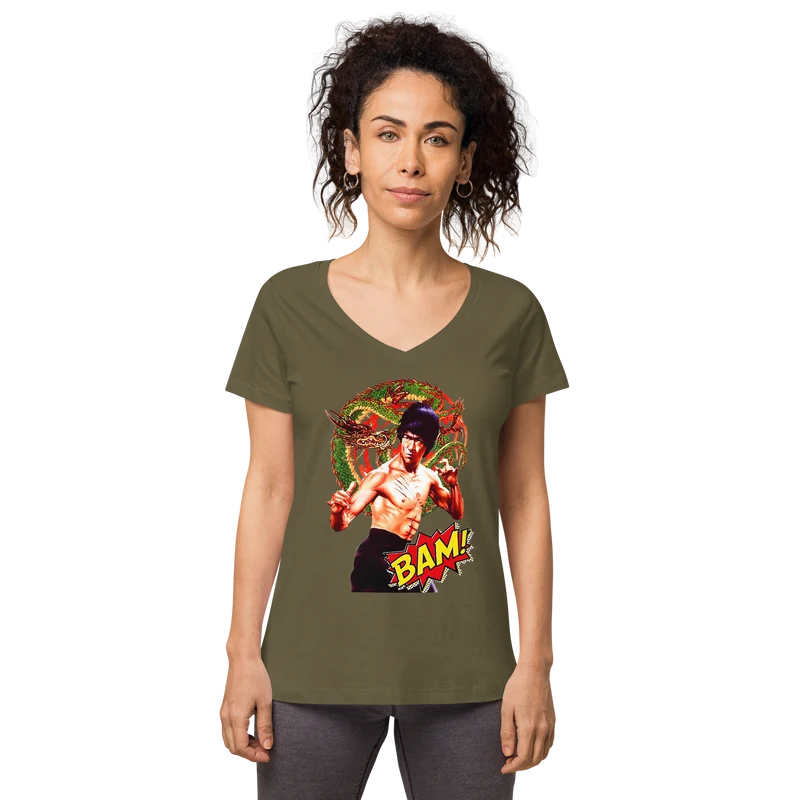 Eng anliegendes Damen-T-Shirt mit V-Ausschnitt Bruce Lee