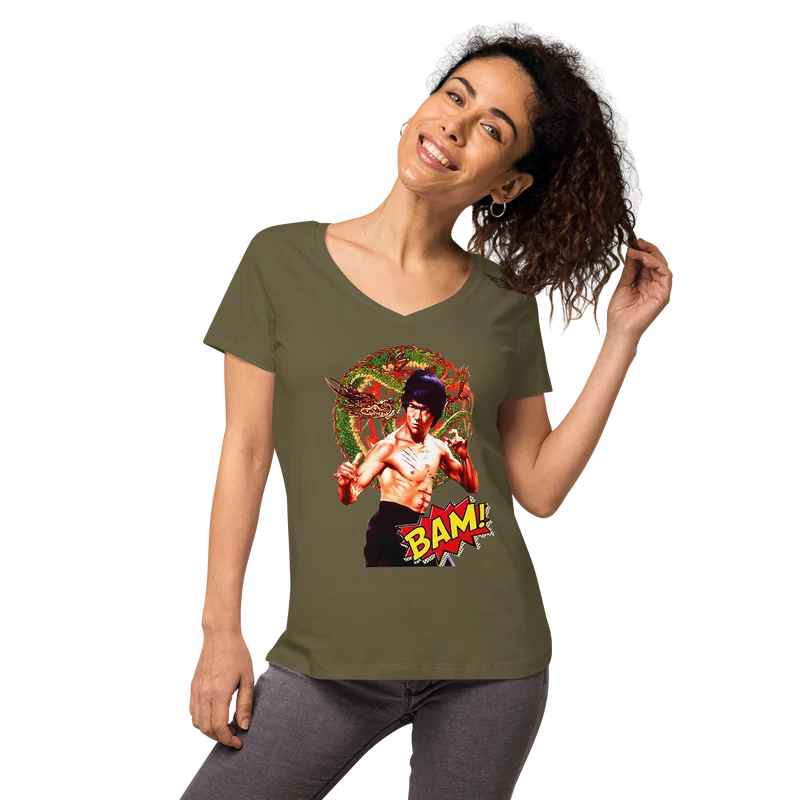 Eng anliegendes Damen-T-Shirt mit V-Ausschnitt Bruce Lee