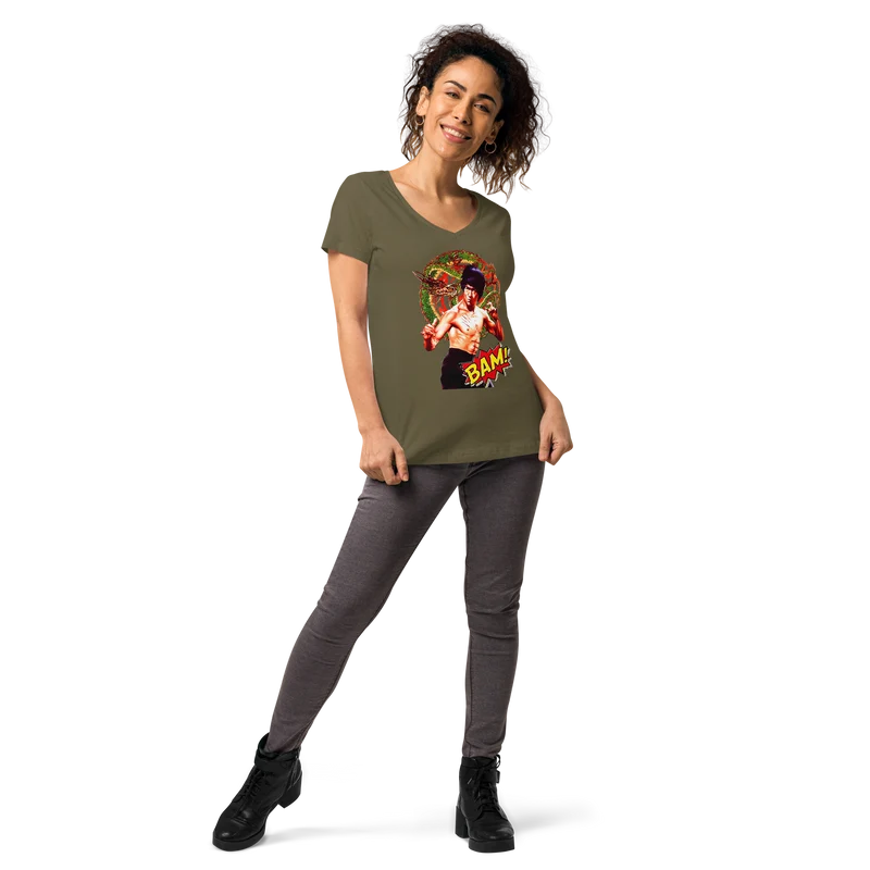 Eng anliegendes Damen-T-Shirt mit V-Ausschnitt Bruce Lee