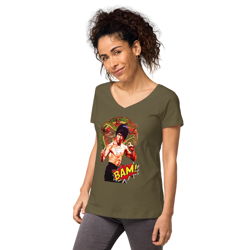 Eng anliegendes Damen-T-Shirt mit V-Ausschnitt Bruce Lee