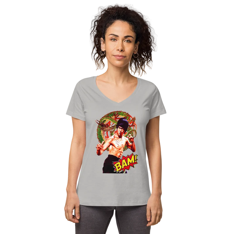 Eng anliegendes Damen-T-Shirt mit V-Ausschnitt Bruce Lee