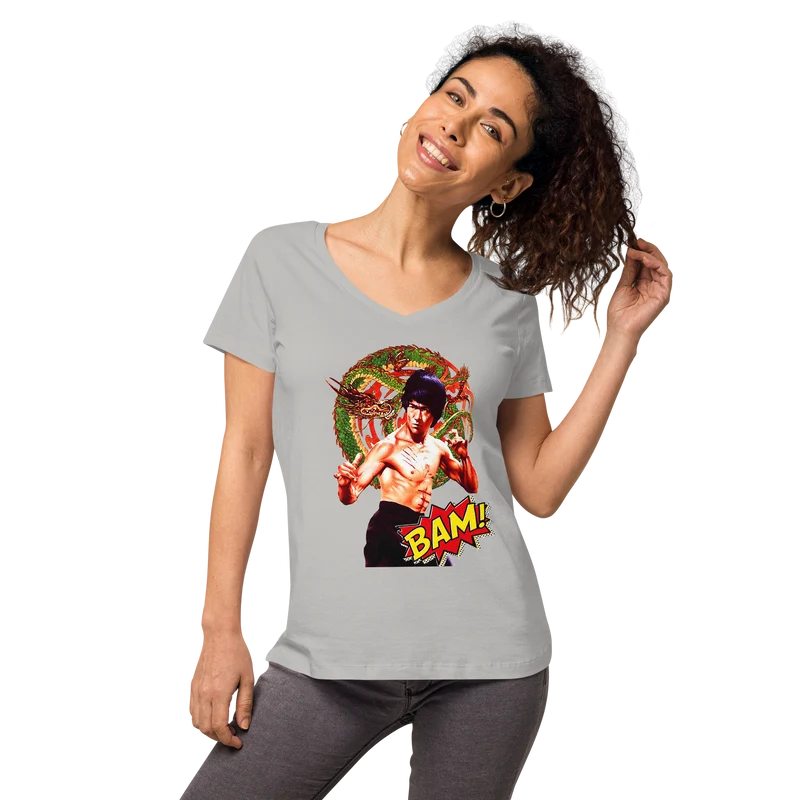 Eng anliegendes Damen-T-Shirt mit V-Ausschnitt Bruce Lee