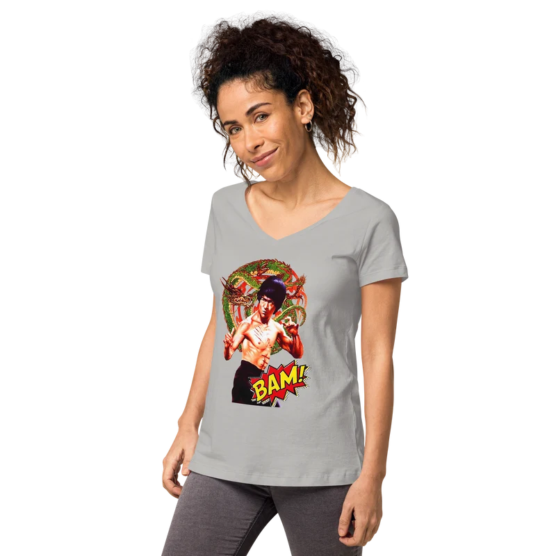 Eng anliegendes Damen-T-Shirt mit V-Ausschnitt Bruce Lee