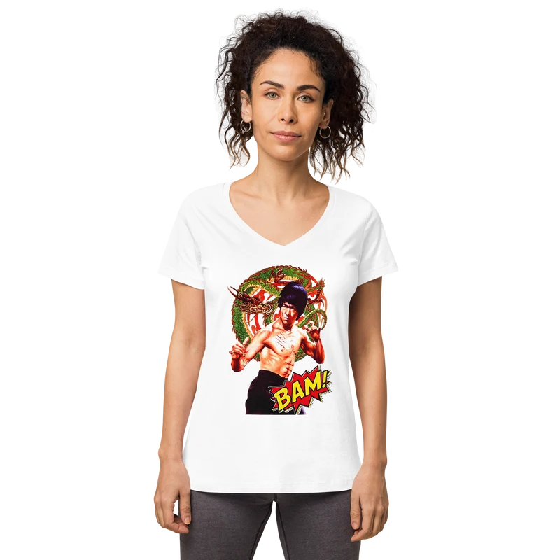 Eng anliegendes Damen-T-Shirt mit V-Ausschnitt Bruce Lee