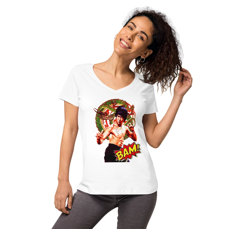 Eng anliegendes Damen-T-Shirt mit V-Ausschnitt Bruce Lee