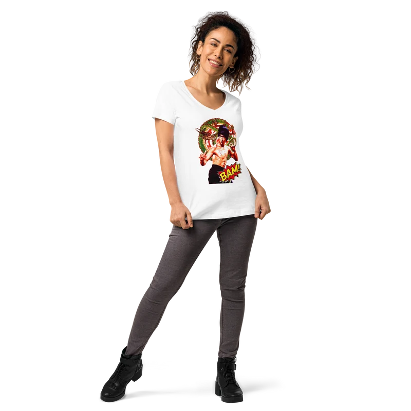 Eng anliegendes Damen-T-Shirt mit V-Ausschnitt Bruce Lee