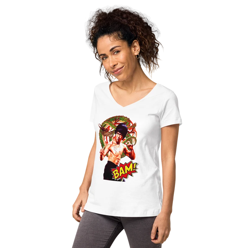 Eng anliegendes Damen-T-Shirt mit V-Ausschnitt Bruce Lee