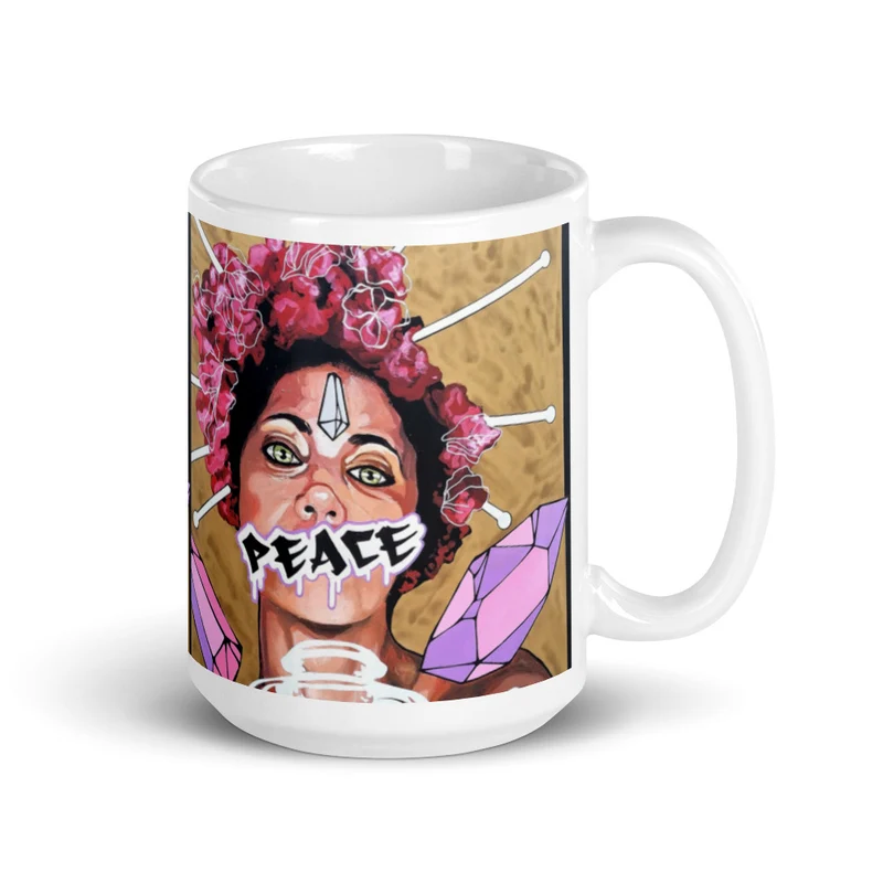 Weiße, glänzende Tasse PEACE